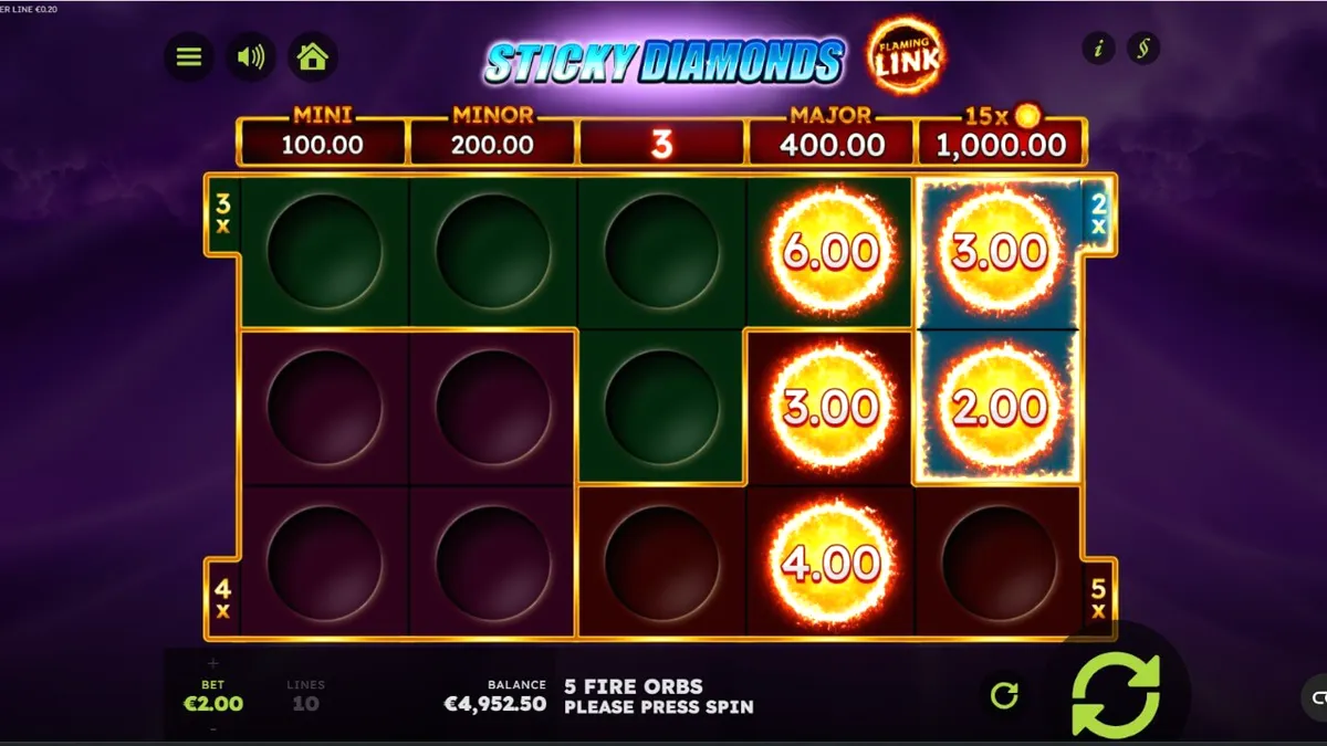 Sticky Diamonds Flaming Link slot machine interface with neon lights and fruit symbols