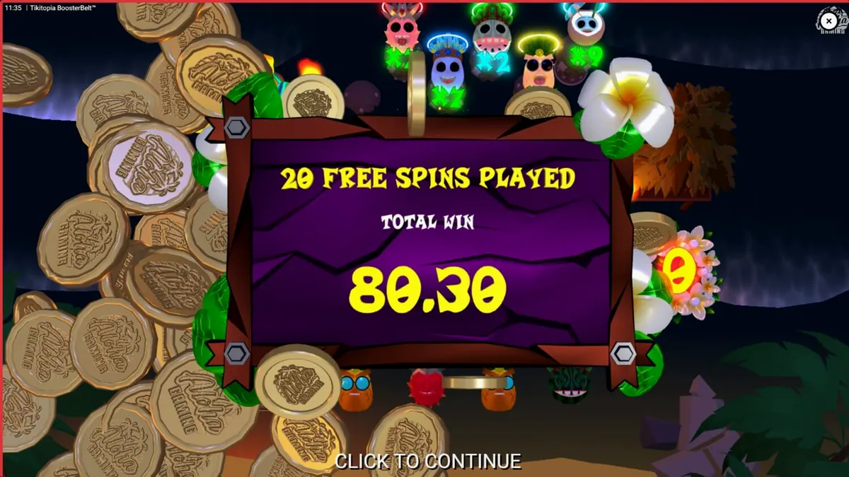 Tampilan visual slot Tikitopia BoosterBelt dengan totem Tiki yang mengancam dan simbol buah 3D.