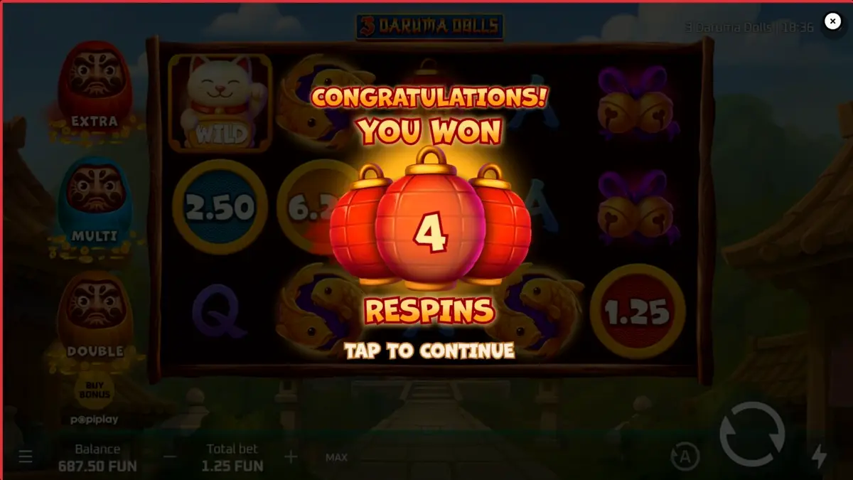 Tampilan visual slot 3 Daruma Dolls dengan tema kuil Jepang